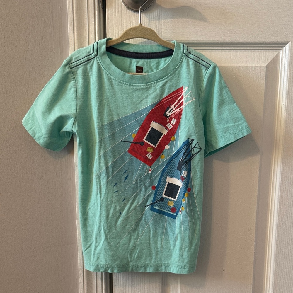Tea Collection Mint Green Tee with Red and Blue Boat Graphics
